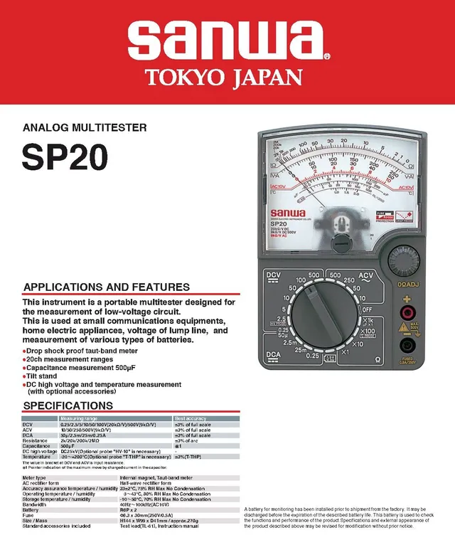 Sanwa SP20 Multimetro Analogico DC alta tensione temperatura