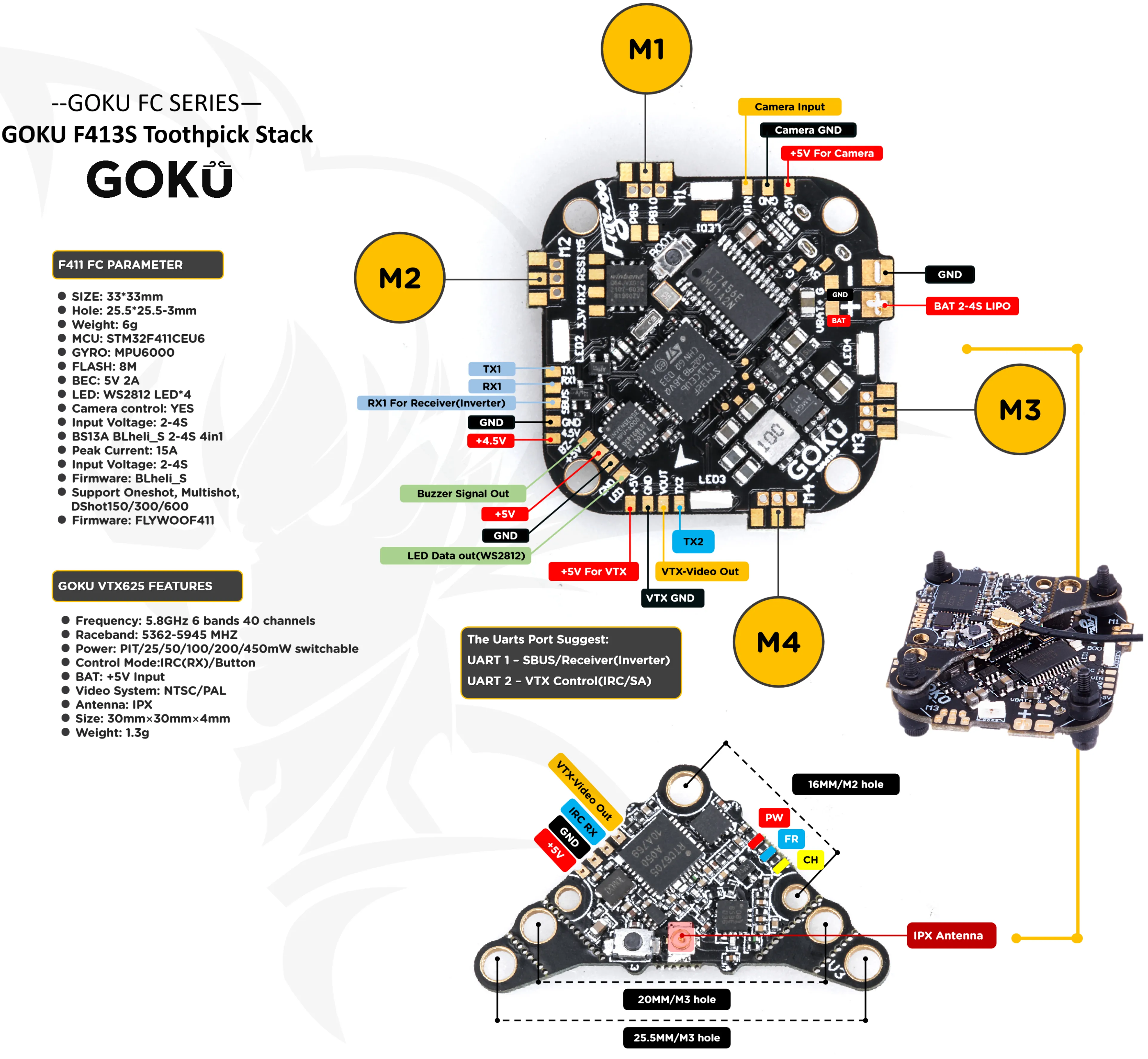 FlyWoo GOKU GN413 20A AIO FC ESC MPU6000 25.5x25.5