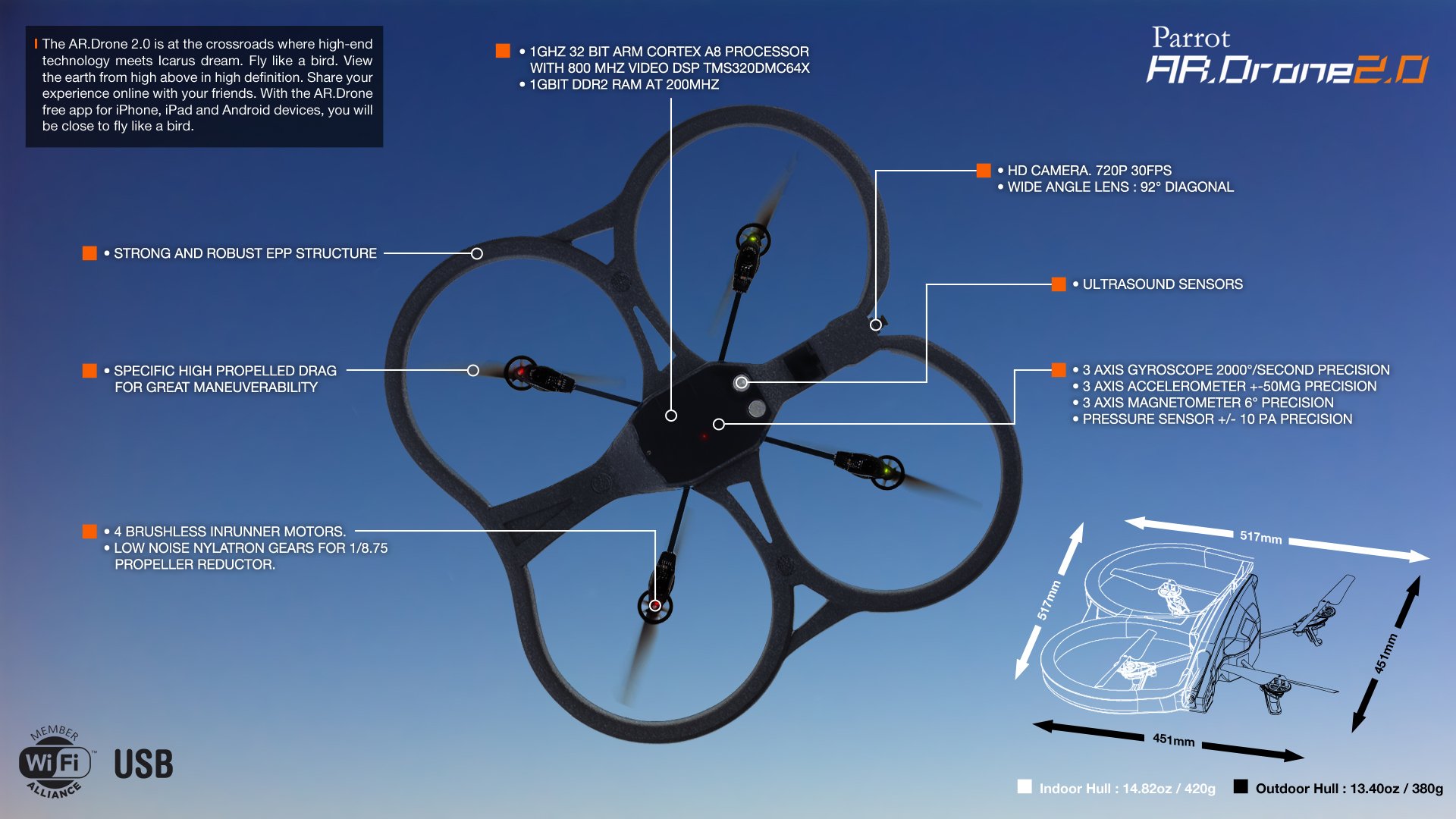 Parrot AR.Drone 2.0 Quadricottero Blu/Arancione HD
