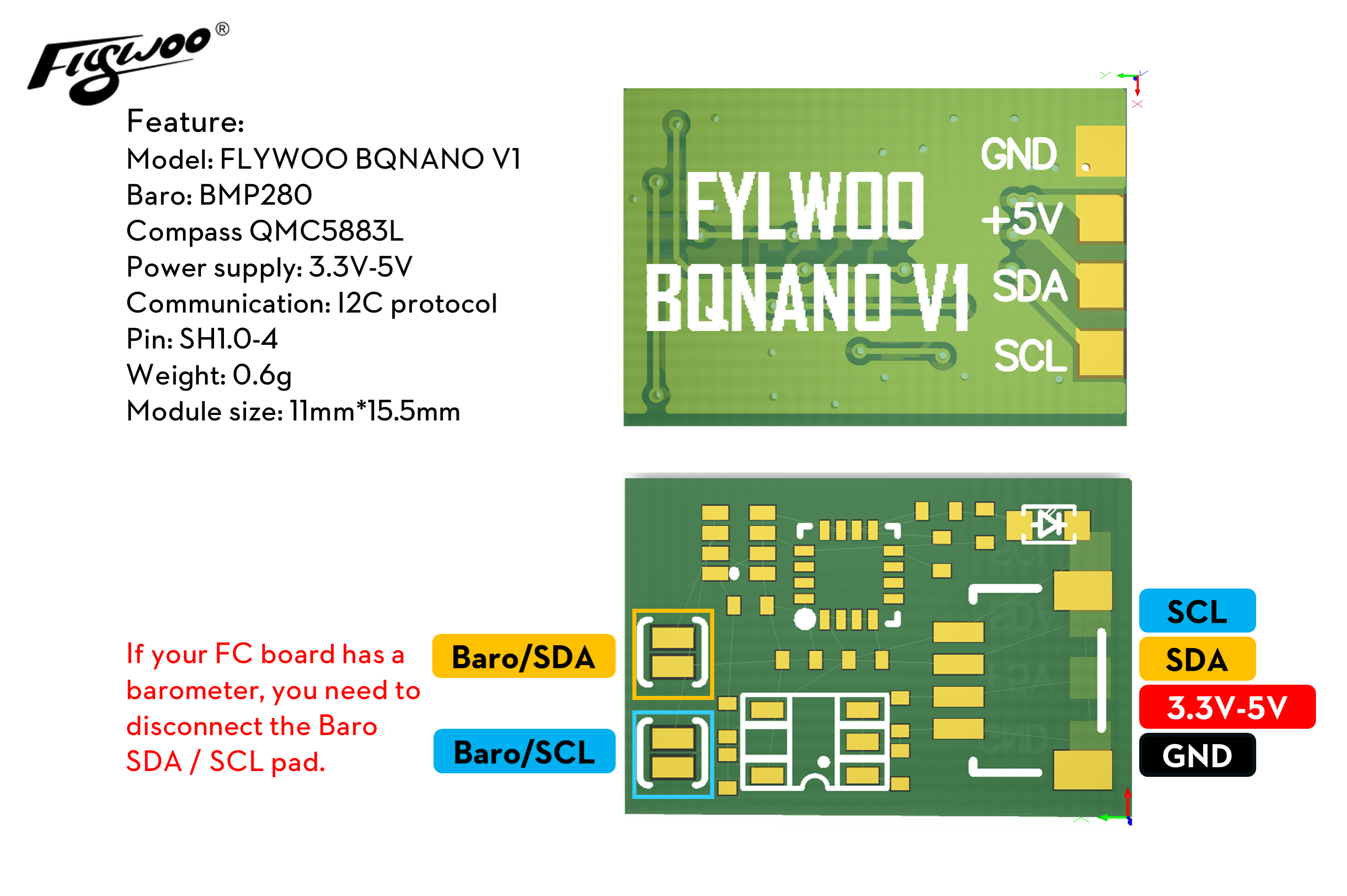 FlyWoo BQNANO V1.0 Bussola Baro Modulo FPV 0,6g I2C