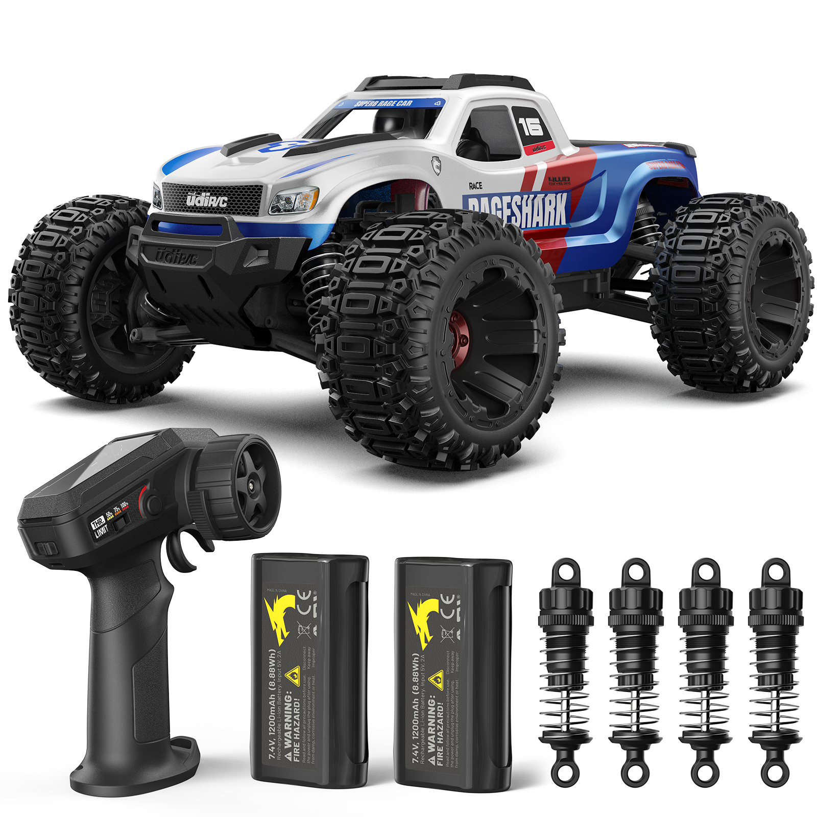 UDI RC Rageshark UD1611 Auto RC 1/16 White-Blue 2 Batterie
