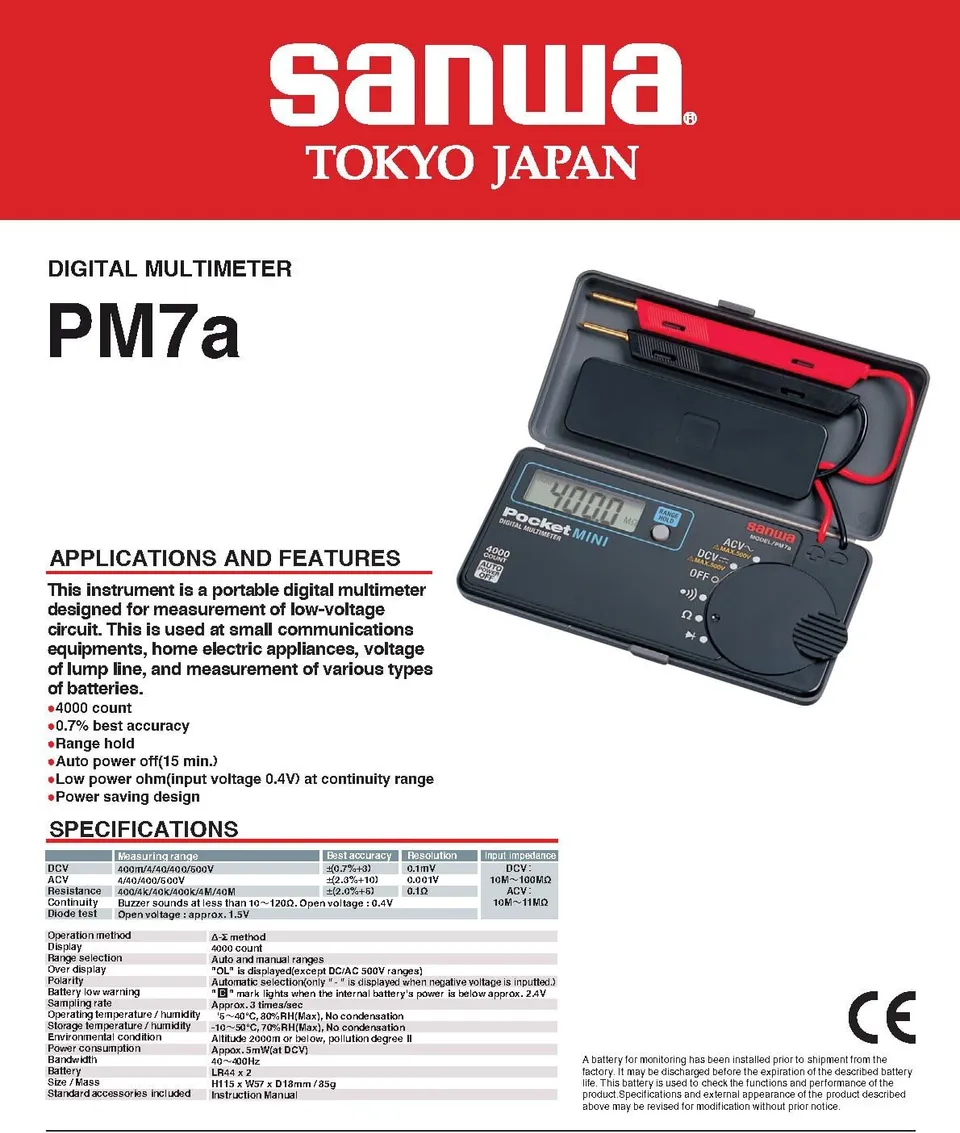 Sanwa PM7a Multimetro Digitale Tascabile 4000 Conteggi DC AC